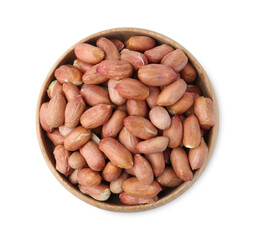 Fresh peanuts in bowl isolated on white, top view