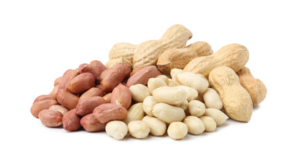 Pile of different peanuts isolated on white