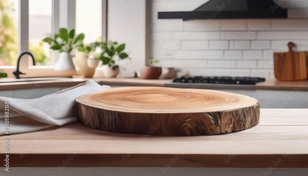 Poster modern tableau empty wooden log and bold modern tablecloth staging a serene scene in a minimalistic 