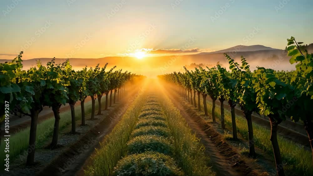 Poster row of grape vines with the sun shining on them. the sun is setting in the background