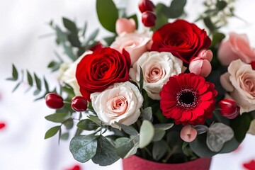 Bouquet arrangement with roses and eucalyptus floral studio photography indoor close-up beauty