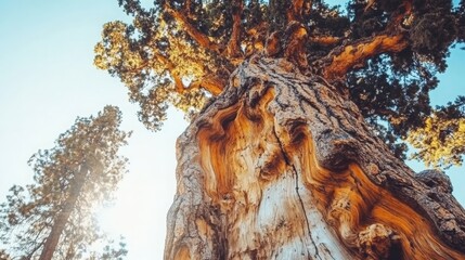 Majestic Tall Tree Reaching Towards a Clear Sky with Sunlight Illuminating Its Textured Bark