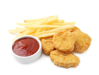 Tasty chicken nuggets and french fries with sauce isolated on white