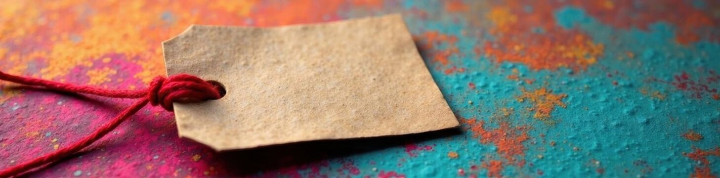 Tied red string on brown paper tag, multicolored background,  shop,  handmade
