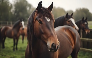 Obraz premium A close-up view of a beautiful brown horse standing in a lush green field with a group of horses in the background, showcasing nature's grace.