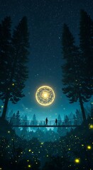 Fototapeta premium Surreal Boy Watching a Glowing Cosmic City in a Dreamlike Forest 
