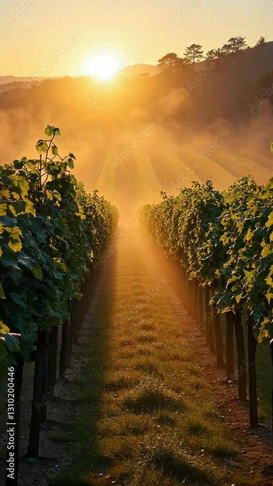 Poster field of grape vines with a sun setting in the background. the sun is casting a warm glow on the vin