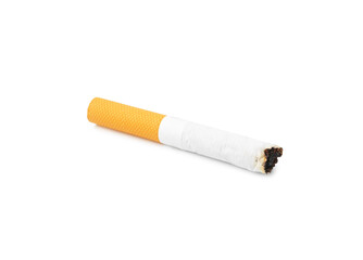 One cigarette butt isolated on white. Smoking habit