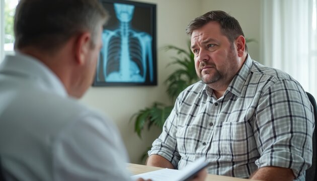 Concerned man discusses health with doctor in clinic. Medical office setting shows patient consulting healthcare pro. Obese guy getting medical advice about obesity, overweight, lifestyle, treatment.