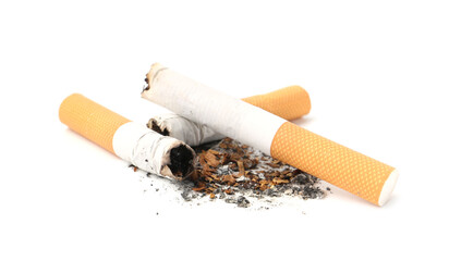 Cigarette butts isolated on white. Smoking habit
