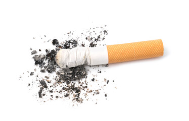 One cigarette butt isolated on white. Smoking habit