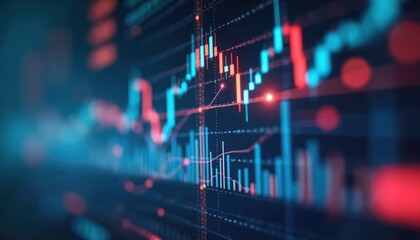 Financial chart with rising graph, diagram indicators. Investment analytics interface shows stock exchange data, forex trade info. Investing platform, stock market analysis, financial statistics