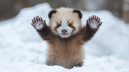 Adorable red panda cub standing in snow, paws up.