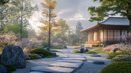 Serene Japanese garden with stone bridge