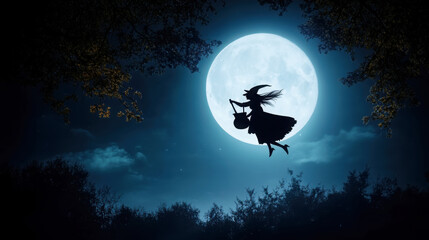 Enchanting silhouette of baba yaga flying against moonlit night for halloween themed art