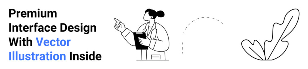 Woman holding clipboard and pointing, abstract leaf illustration connected by dashed curve. Ideal for business strategy, project management, education, creativity, teamwork, planning, flat landing