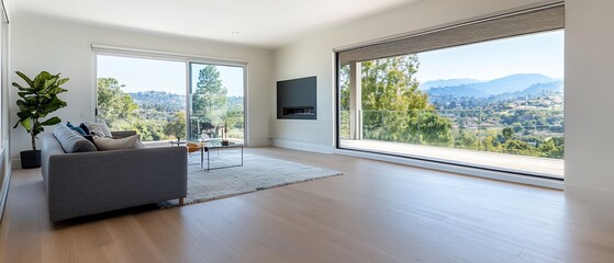 Fototapeta premium Modern home living room, hillside view, light wood floor