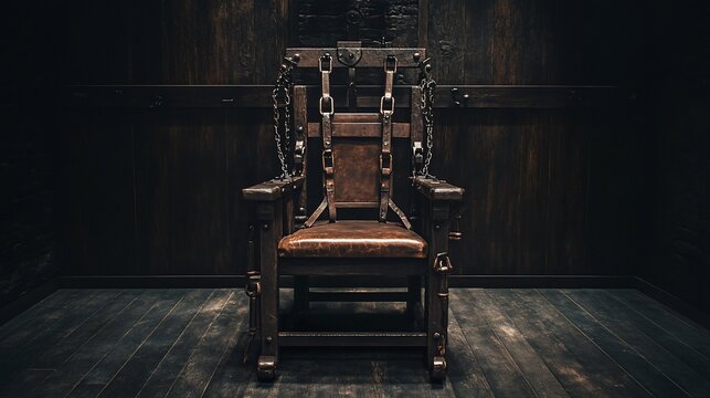 Electric Chair in a dark room. Background shows empty walls. Concept punishment