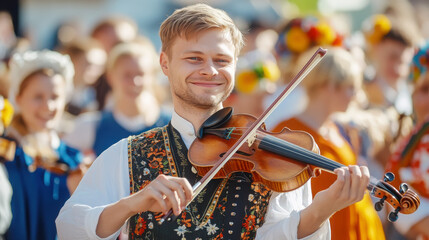 Joyful musician performing at midsummer festival celebration