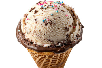 Delicious ice cream cone topped with chocolate, sprinkles, and creamy vanilla, perfect for a warm summer day