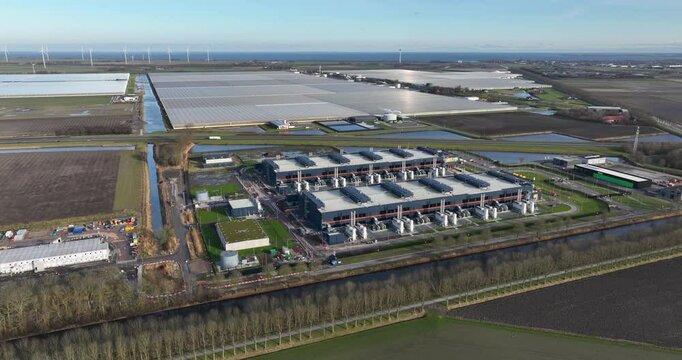 Large scale datacenter, showcasing, AI, super computing, quantum computing, IT infrastructure. Building exterior.