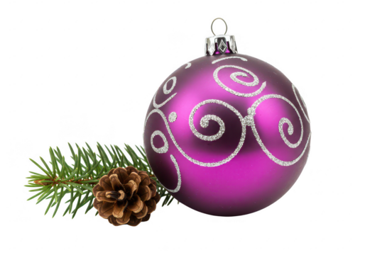 A shiny purple Christmas bauble placed next to a green pine branch and a small brown pinecone isolated on transparent background