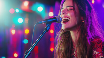 Joyful performance of a female model singing with colorful stage lights
