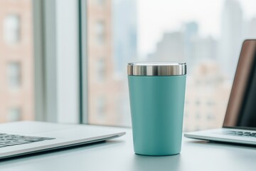 Teal tumbler on office desk with laptop, city view