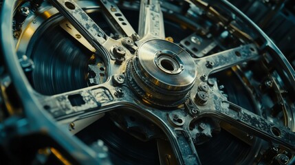 Close-Up of a Film Wheel with Exquisite Details Showcasing Cinematic Equipment in a Professional Film Industry Setting