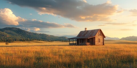 Cozy Log Cabin Surrounded by Nature at Sunset