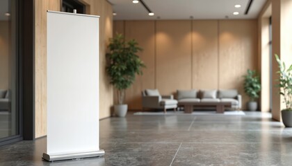 Roll-up standee banner mockup in office hall. Modern corporate showroom interior. Empty advertising banner, promotional display. Showcase template for branding, marketing, business presentation,