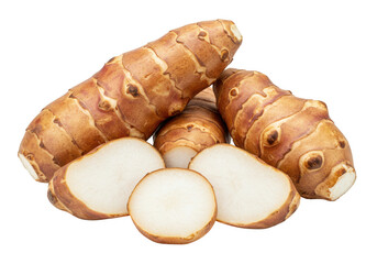 A small pile of fresh Jerusalem artichokes isolated on transparent background