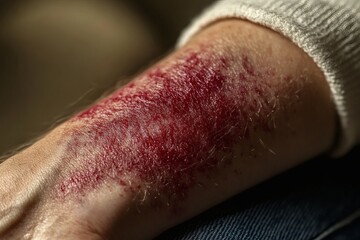 Wounded arm shows signs of injury with red bruising and skin irritation during recovery process at home Generative AI