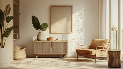 Stylish scandinavian living room interior of modern apartment with wooden commode, design armchair, carpet, leaf in vase, table lamp and personal accessories in unique home decor. Template