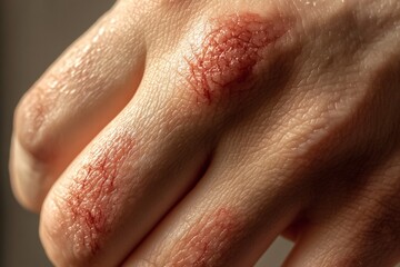 Naklejka premium Close-up view of dry, cracked skin on a hand showing signs of irritation and redness after outdoor exposure Generative AI