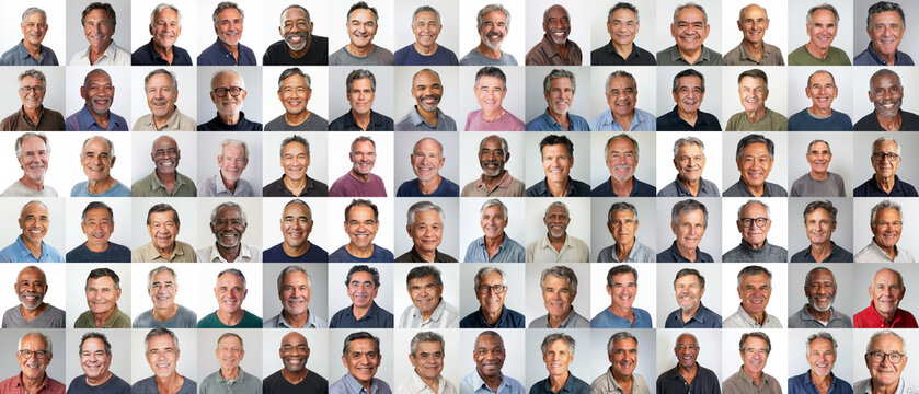Middle Age Men - a grid of 84 unique square headshots of a variety of diverse, smiling, friendly mature male people against a white background - 88MP XXXL

