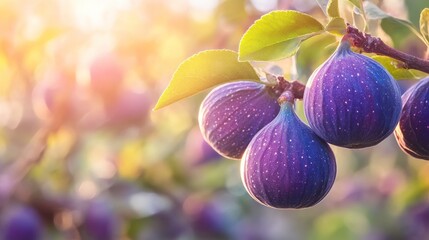 Ripe purple figs on a branch, backlit by sunlight.