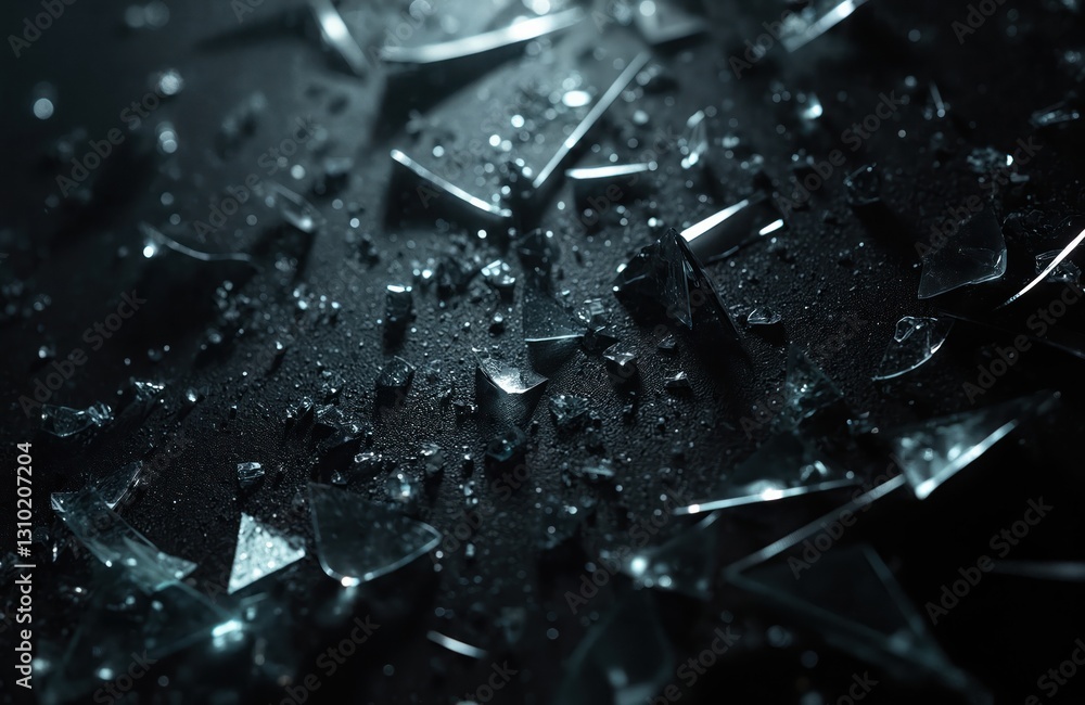 Poster abstract shattered glass shards on black backdrop. sharp jagged edges create modern, futuristic text