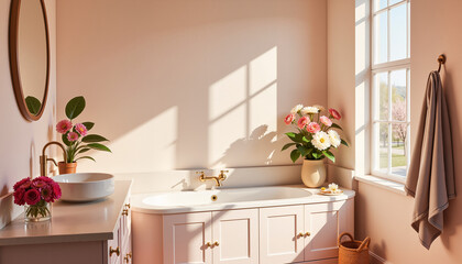 Bright bathroom with flowers in sunlight