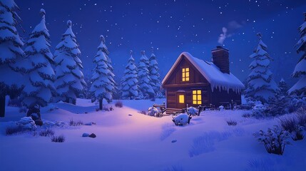 Fototapeta premium Cozy winter cabin nestled in a snowy forest at night