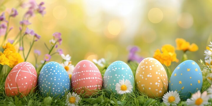 Decorated Easter Eggs in Grass with Daisies and Spring Flowers Holiday Background