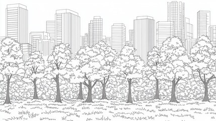 Fototapeta premium Line art of trees with cityscape in background. For coloring books, wall arts, and educational purposes