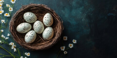 Easter eggs in Nest with Fresh Daisies on Dark Background