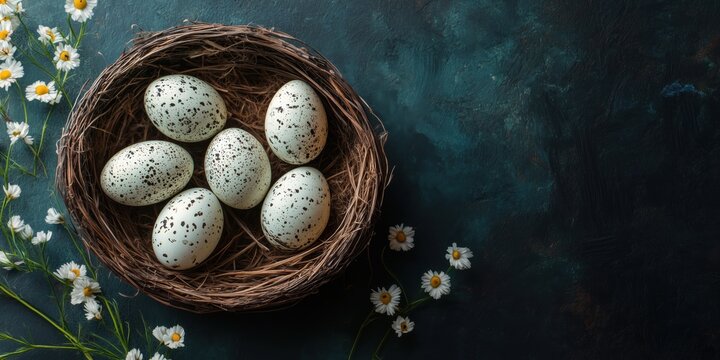 Easter eggs in Nest with Fresh Daisies on Dark Background
