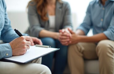 Close-up of couple at relationship therapy session with counselor taking notes. Psychologist listens to marriage problems, offers solutions, support. Couple discusses emotional health, mental issues,