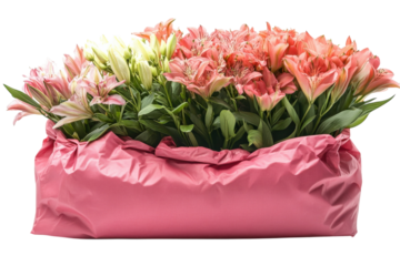 Brightly colored flower arrangement in a pink bag for a cheerful home decor touch