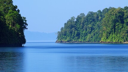 Tropical bay waterway, lush forest cliffs, calm sea, serene backdrop