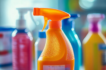 A collection of empty and full bottles of cleaning products, suitable for use in an office or home setting 
