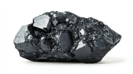 Coal piece isolated, black anthracite rock lump, charcoal stone, carbon block chunk, smoldering coal, black fire mineral on white background