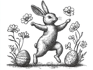 Easter bunny joyful rabbit dancing among decorated Easter eggs and spring flowers, drawn in an engraved, woodcut style sketch engraving generative ai raster. Scratch board. Black and white image.